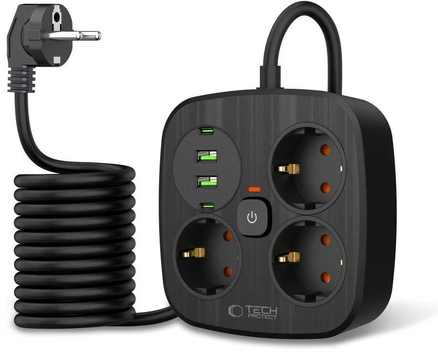 „Tech-Protect PCS3X4“ maitinimo lizdas, 3 lizdai, 2xUSB-A, 2xUSB-C, 200 cm - juodas