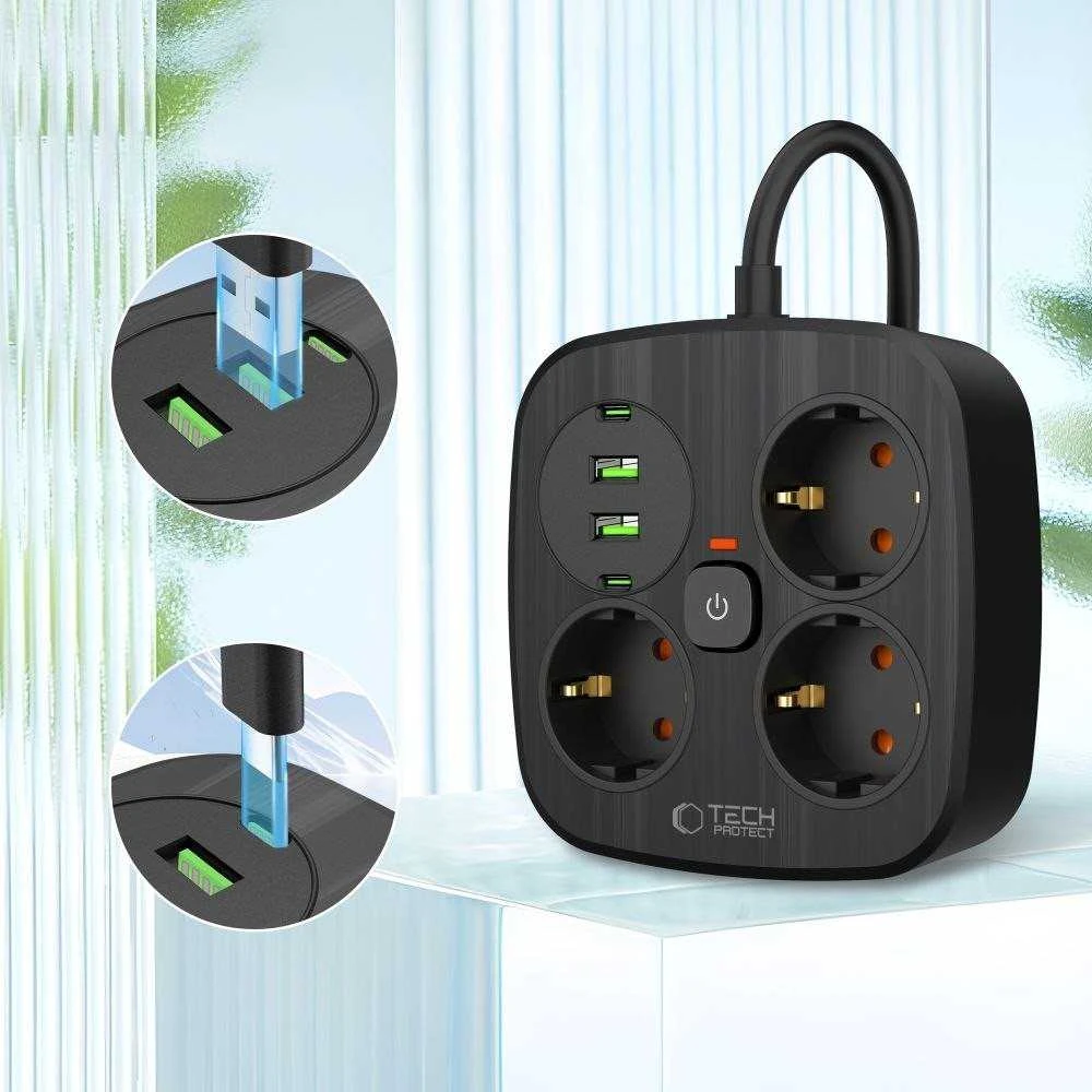 „Tech-Protect PCS3X4“ maitinimo lizdas, 3 lizdai, 2xUSB-A, 2xUSB-C, 200 cm - juodas