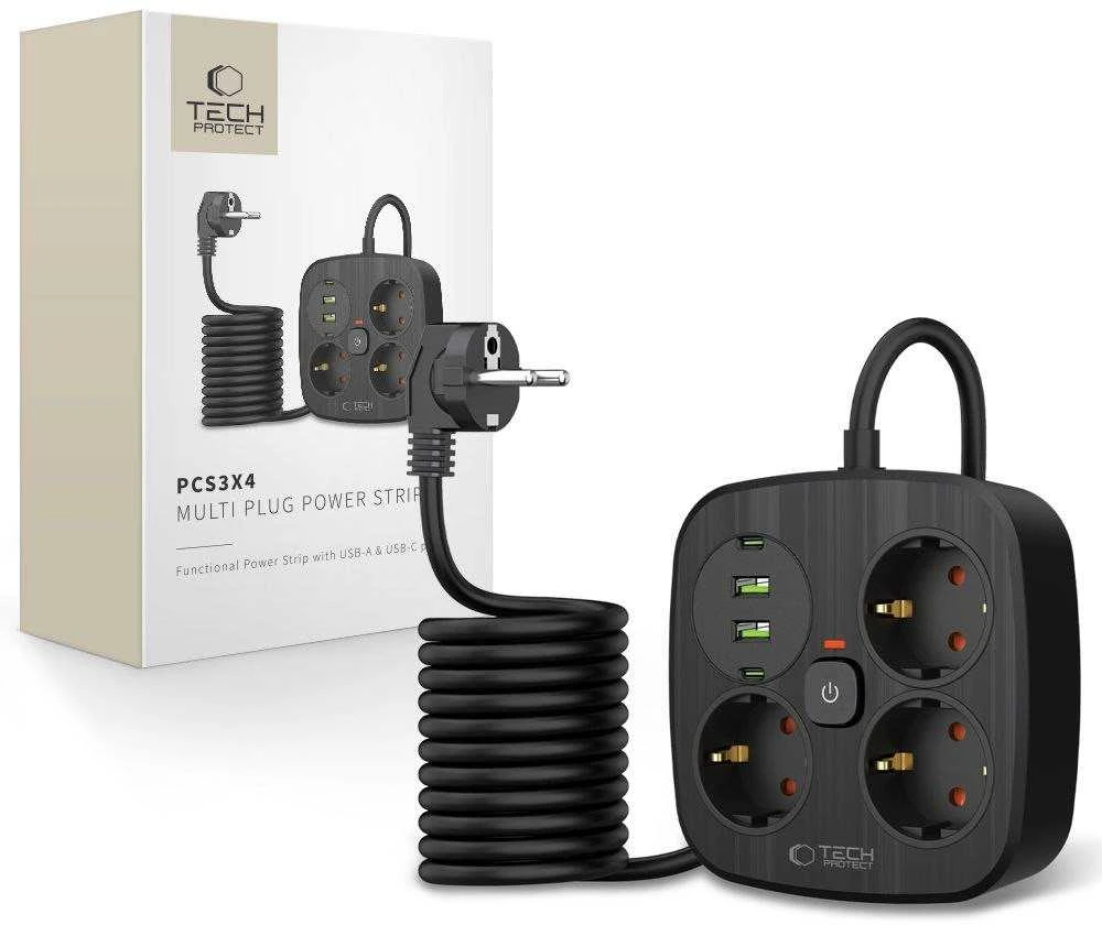 „Tech-Protect PCS3X4“ maitinimo lizdas, 3 lizdai, 2xUSB-A, 2xUSB-C, 200 cm - juodas