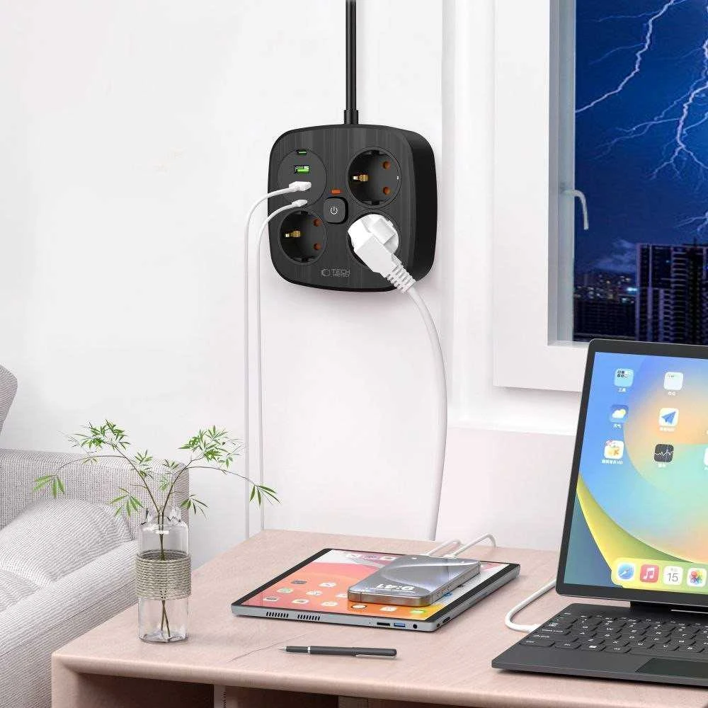 „Tech-Protect PCS3X4“ maitinimo lizdas, 3 lizdai, 2xUSB-A, 2xUSB-C, 200 cm - juodas