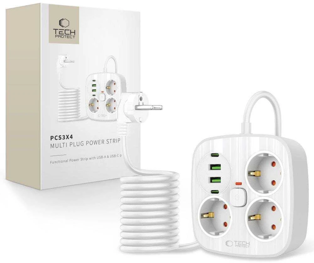 „Tech-Protect PCS3X4“ maitinimo lizdas, 3 lizdai, 2xUSB-A, 2xUSB-C, 200 cm - baltas
