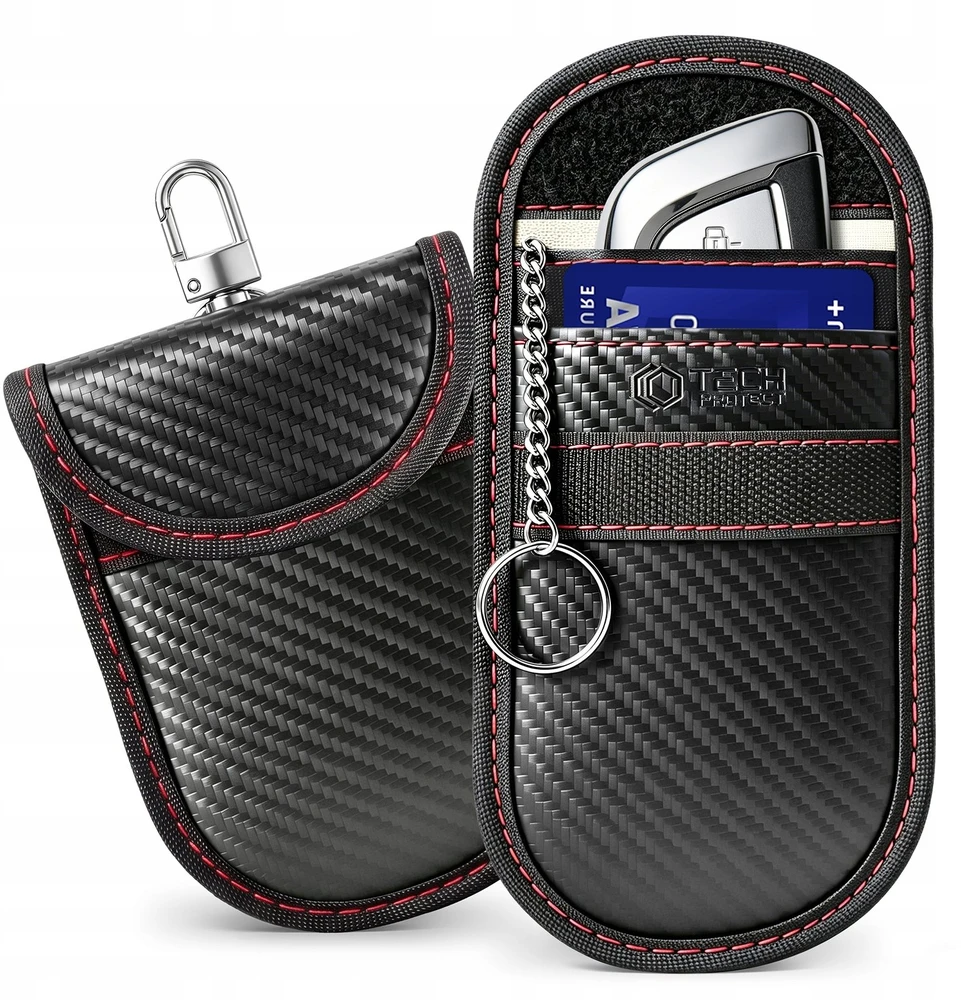 TECH-PROTECT KLR100 DĖKLAS KEYLESS RFID SIGNALO BLOKAVIMO DĖŽUTĖ CARBON JUODA/RAUDONA