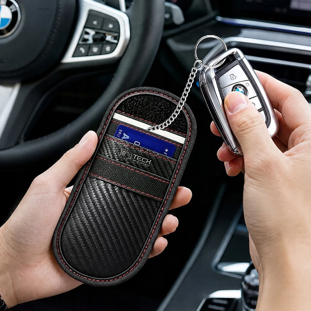 TECH-PROTECT KLR100 DĖKLAS KEYLESS RFID SIGNALO BLOKAVIMO DĖŽUTĖ CARBON JUODA/RAUDONA