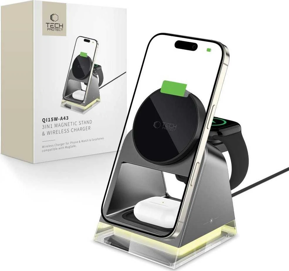 Tech-Protect QI15W-A43 3in1 belaidis įkroviklis su MagSafe for Apple Devices – juodos spalvos