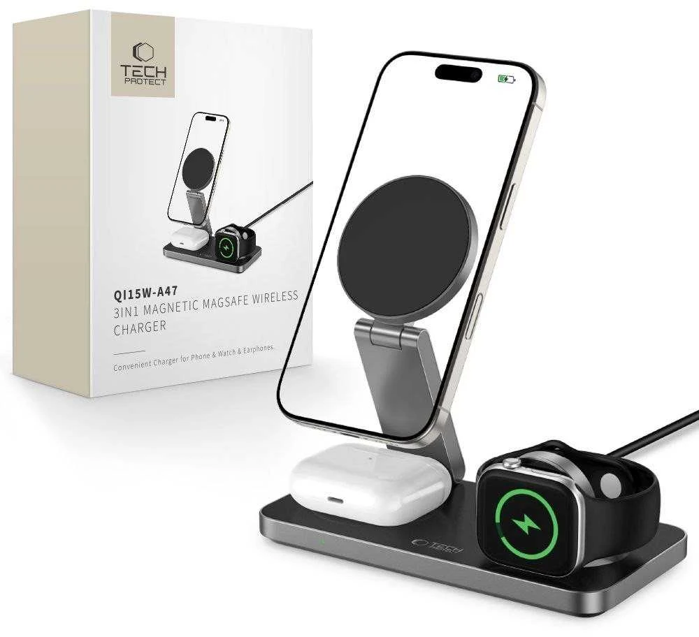 Tech-Protect QI15W-A47 MagSafe 3in1 indukcinis įkroviklis + USB-C laidas - Juodas