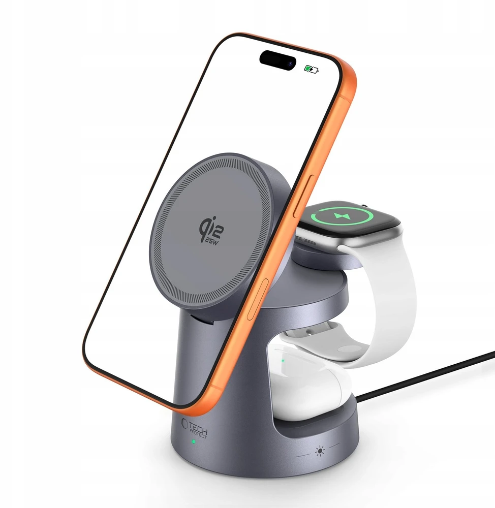 Tech-Protect QI2.2-25W-A48 3in1 magnetic MagSafe belaidis įkroviklis pilkos spalvos