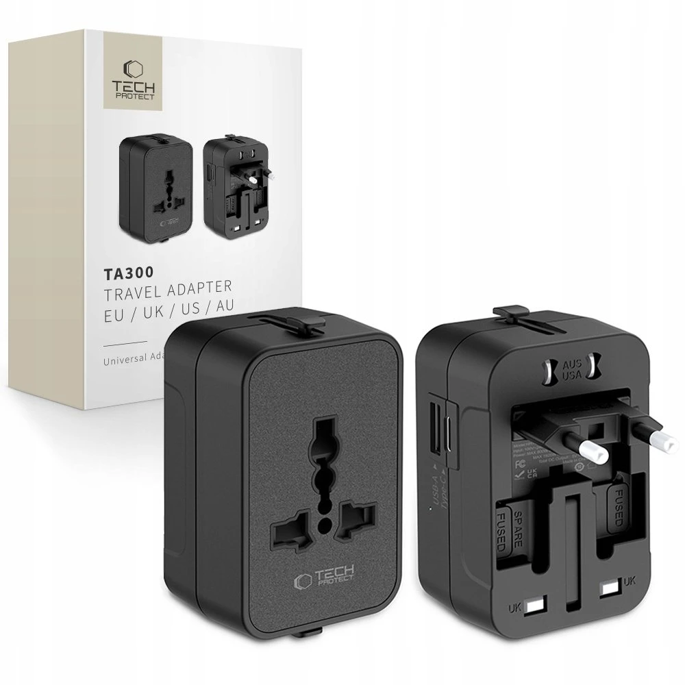 Tech-Protect TA300 Travel Adapteris EU / UK / AU - Juodas