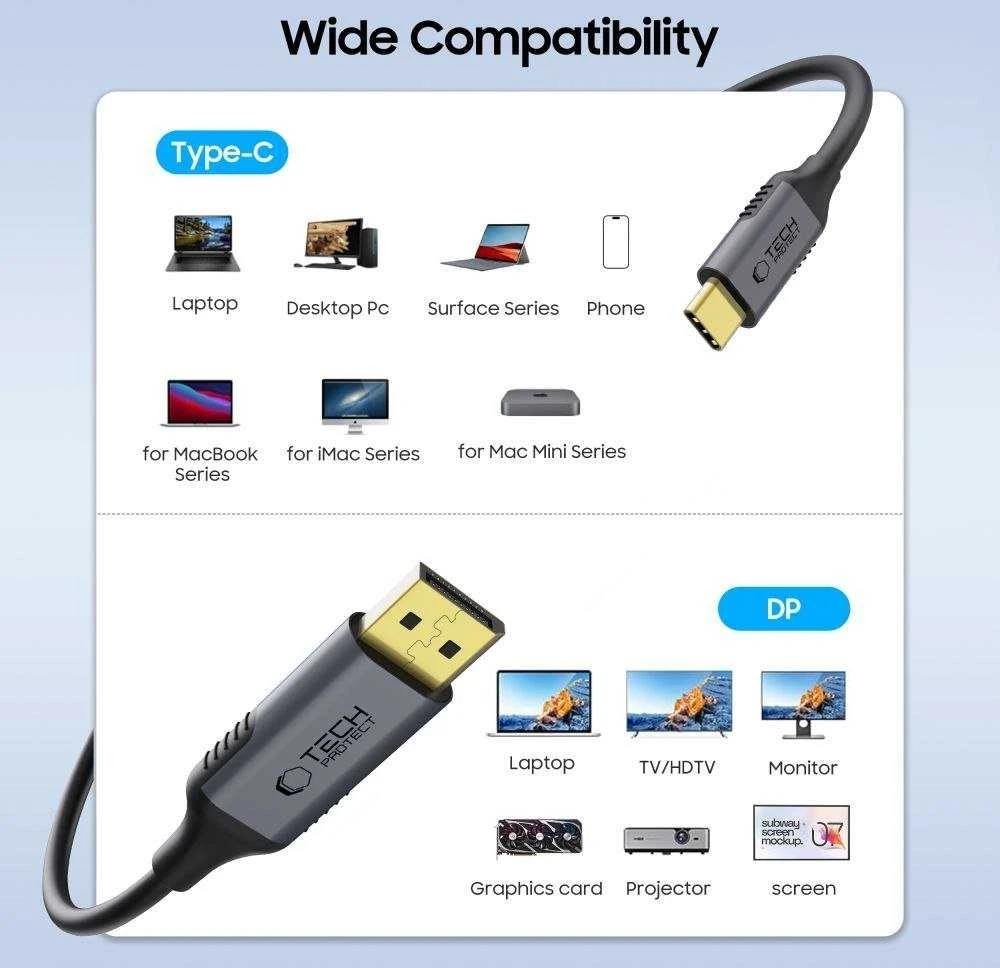Tech-Protect UltraBoost USB-C prie DisplayPort 1.4 8K 60Hz kabelis 180cm - Juodas