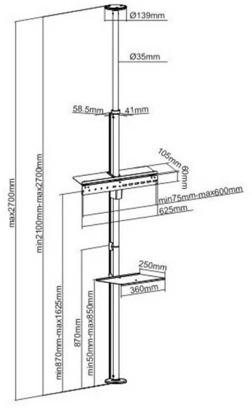 Laikiklis Techly ICA-TR32 grindų stovas plokštiesiems ekranams 177,8 cm (70") Grindų stovas su fiksuota plokštuma Juoda, Pilka