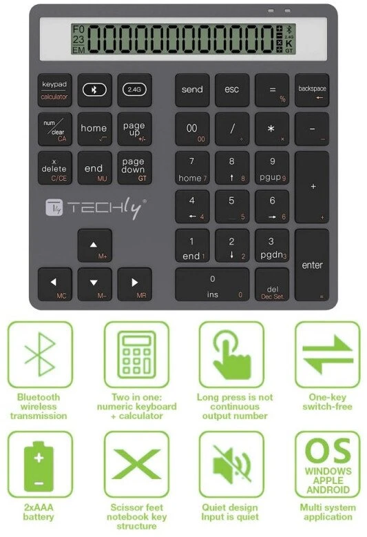 „Techly“ belaidė skaitmeninė klaviatūra su skaičiuotuvu, BT/RF USB (TLY_622687)