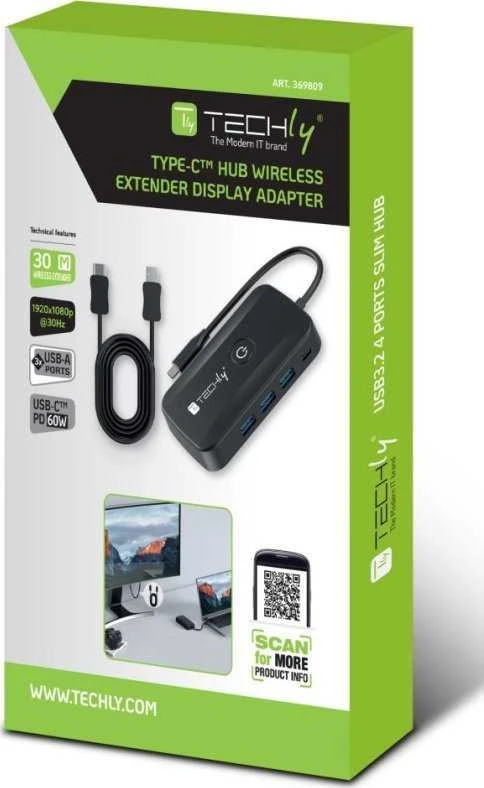 Techly USB-C vaizdo siųstuvas - pakuotė su specifikacijomis