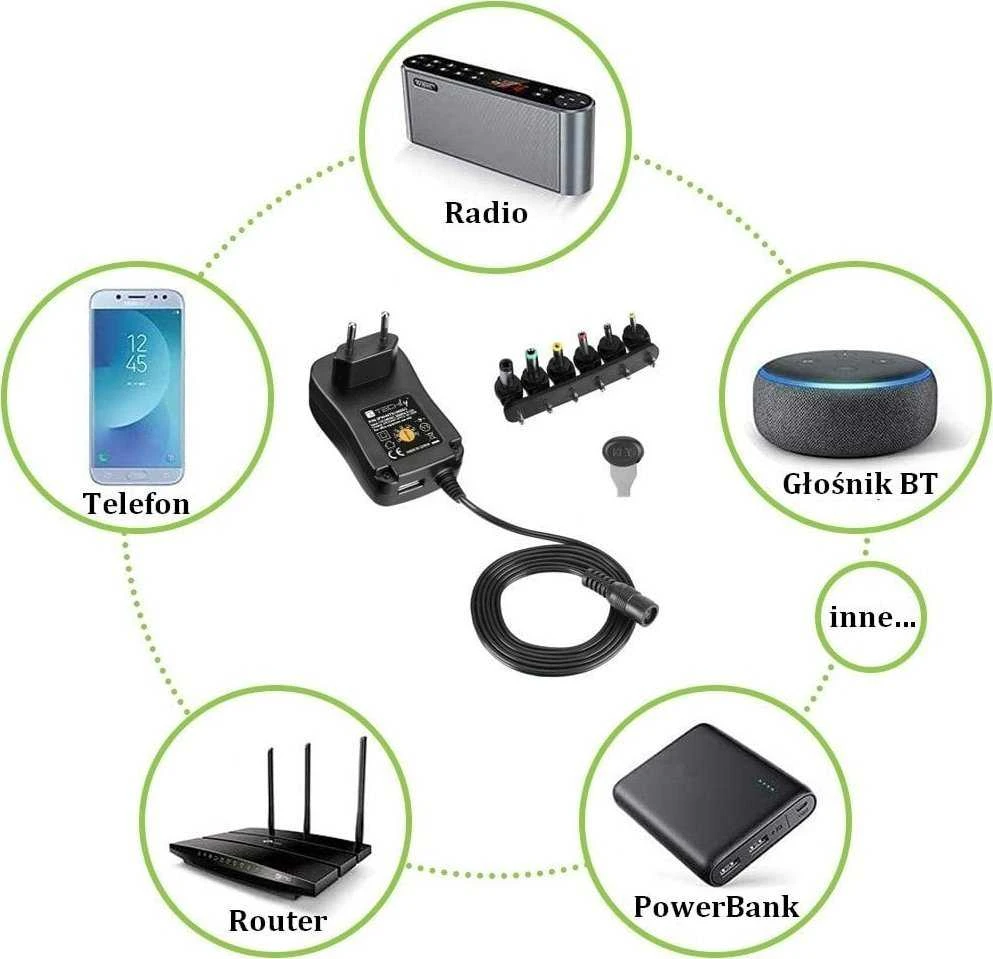 Techly Maitinimo šaltinis 230V universalus 27W/2.25A 3-12V 6 wtyków DC i USB