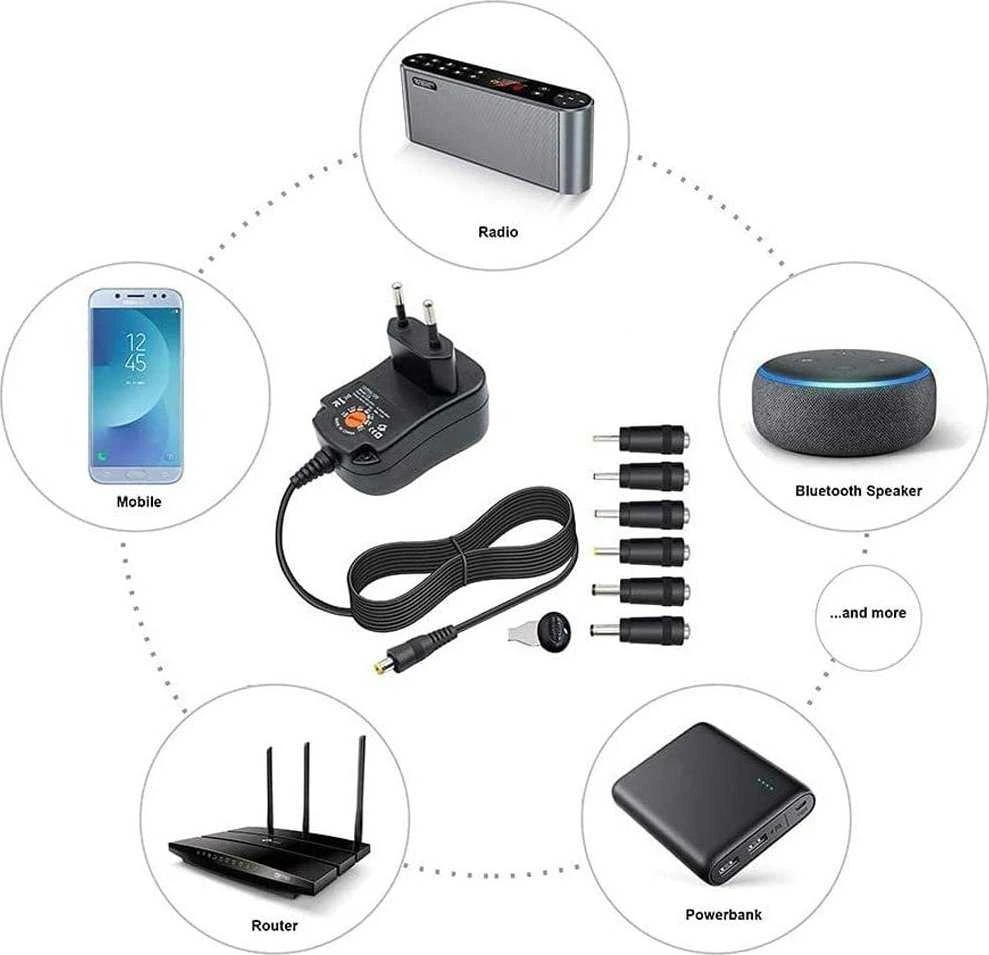 TECHLY universalus 12 W kintamosios srovės/nuolatinės srovės maitinimo šaltinis su 6 nuolatinės srovės lizdais ir USB prievadu, reguliuojama įtampa 3–12 V