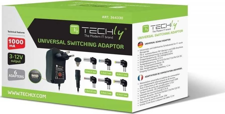 TECHLY universalus 12 W kintamosios srovės/nuolatinės srovės maitinimo šaltinis su 6 nuolatinės srovės lizdais ir USB prievadu, reguliuojama įtampa 3–12 V