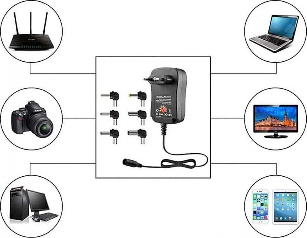 TECHLY universalus 12 W kintamosios srovės/nuolatinės srovės maitinimo šaltinis su 6 nuolatinės srovės lizdais ir USB prievadu, reguliuojama įtampa 3–12 V