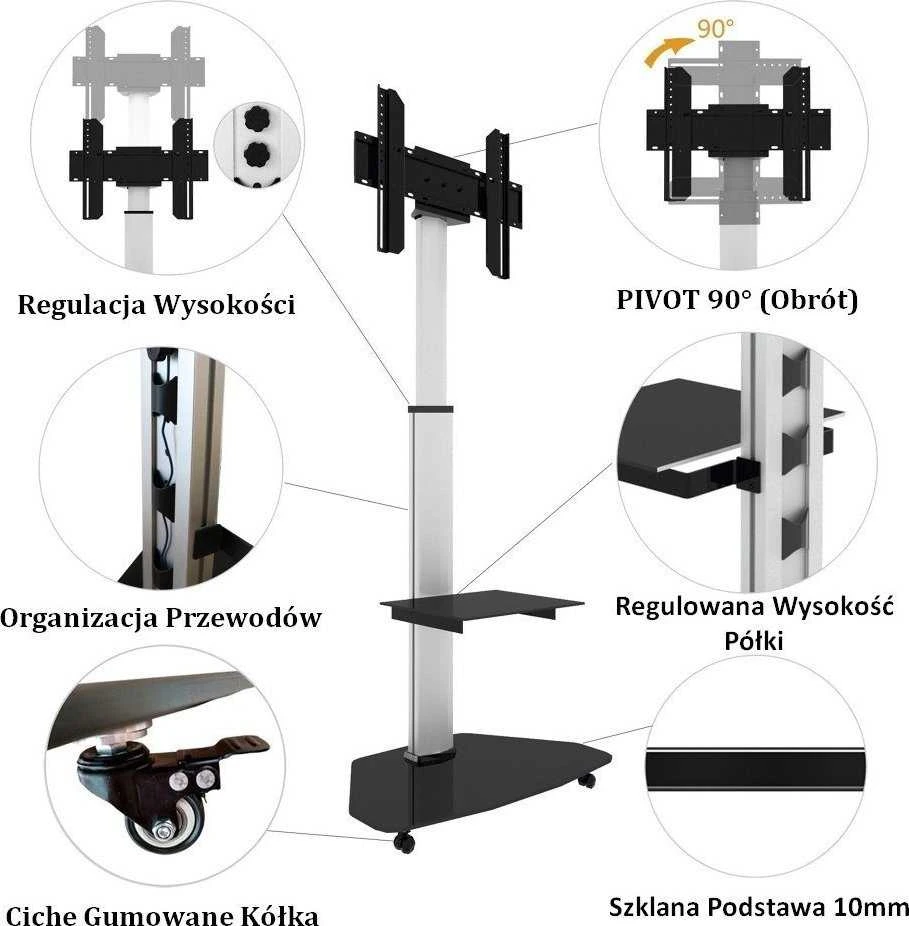 Laikiklis Techly grindų stovas su lentyna vežimėliu TV LCD/LED/Plasma 37-70" sidabro