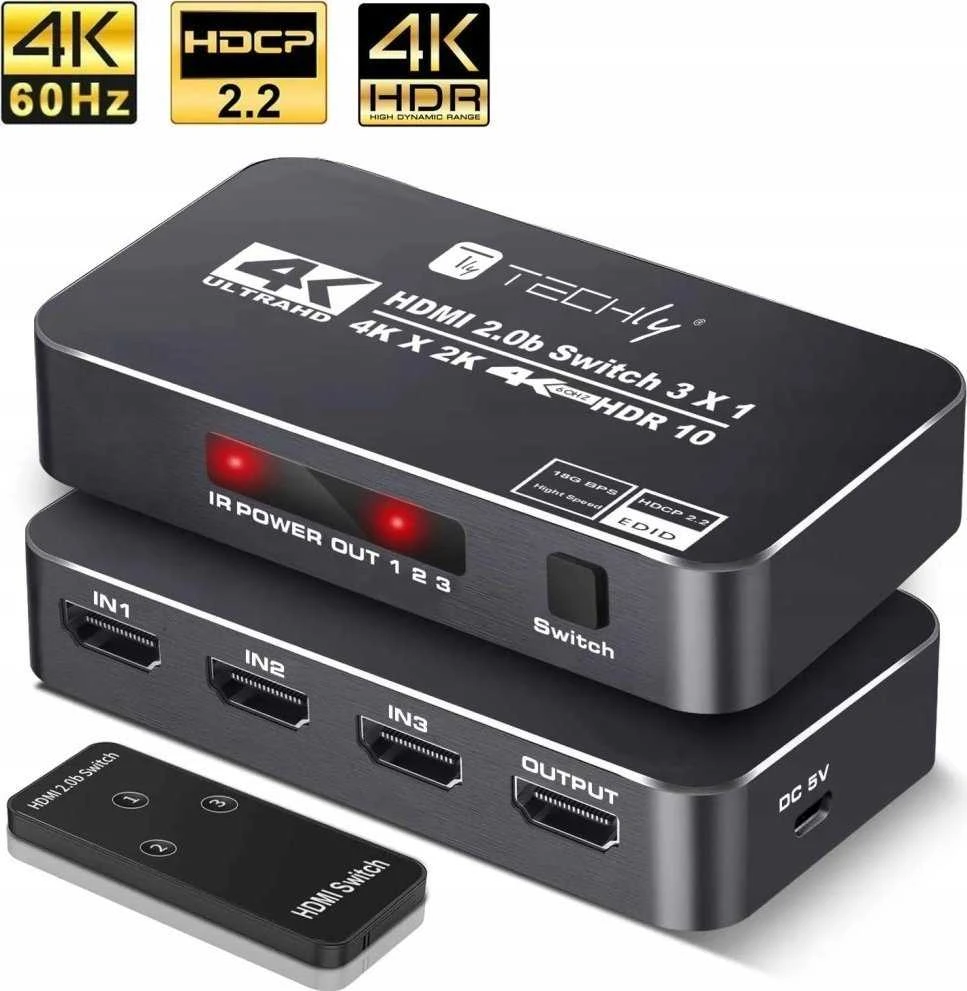 „Techly 367171“ 3 prievadų HDMI 2.0b 4K * 60Hz 3x1 jungiklis su IR šaltiniu