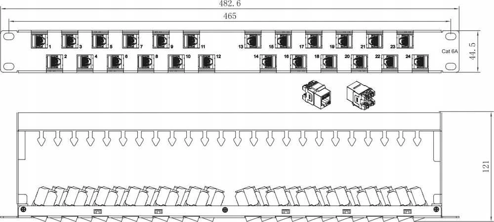 Techly 367836 Patch Panel 24x Keystone RJ45 Cat6a UTP, 1U, kampiniai prievadai