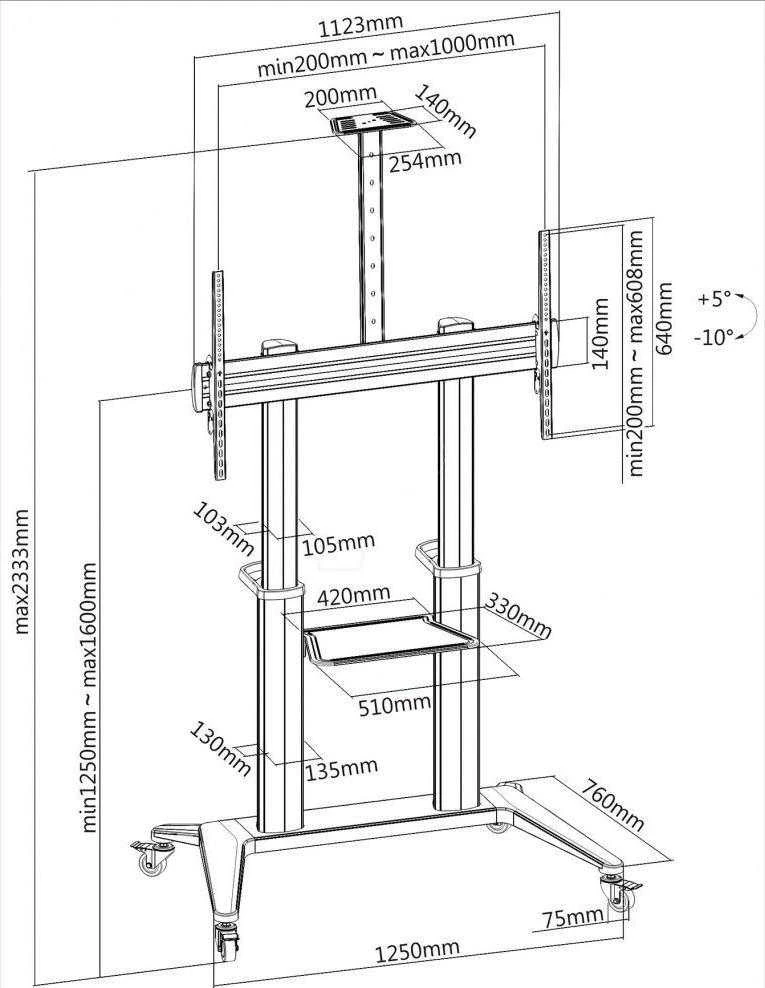 Techly TV laikiklis Mobilus TV laikiklis 70-120" iki 140kg reguliuojamas su 2 lentynomis
