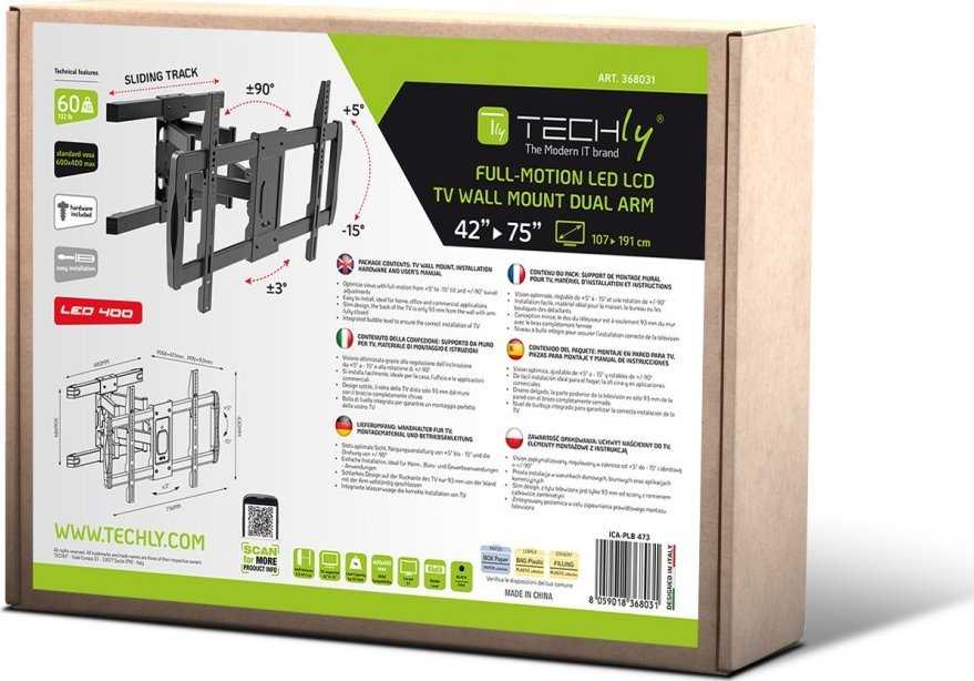 Laikiklis Techly ICA-PLB-473, 200 x 100 mm, 600 x 400 mm, -15 - 5°, 180°, plienas, juodas
