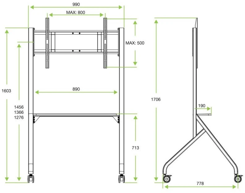 Techly TV laikiklis Mobilus TV stovas 55–86" iki 80 kg su reguliuojama AV lentyna