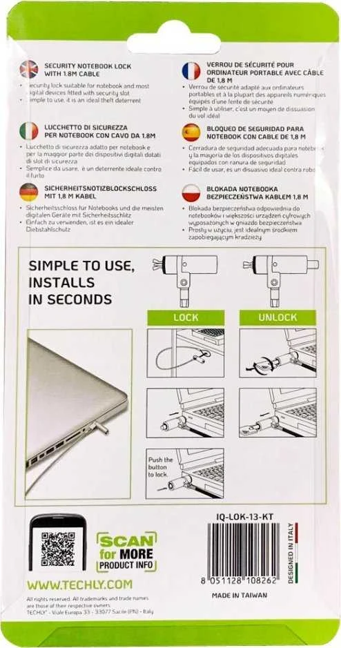 „Techly Wedge-Lock“ nešiojamojo kompiuterio kabelio užraktas su raktu, 1,8 m