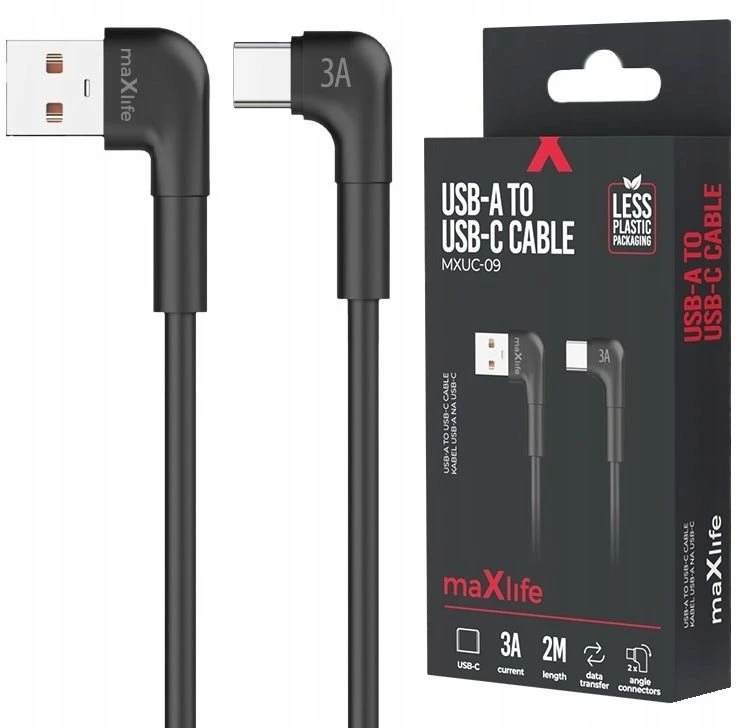 Telforceone Maxlife MXUC-09 angle cable USB - USB-C 2,0 m 3A juodas