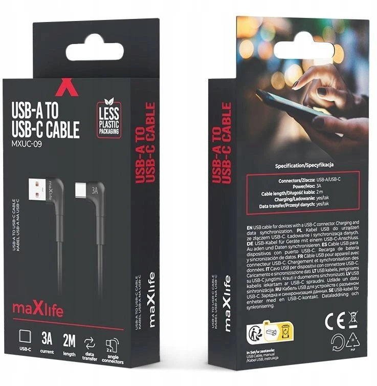 Maxlife MXUC-09 kampinis laidas USB – USB-C 2,0 m 3A juodas