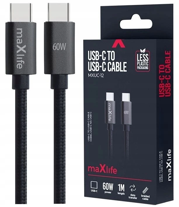 Maxlife MXUC-12 laidas USB-C – USB-C 1,0 m 60W juodas