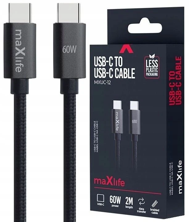 Maxlife MXUC-12 laidas USB-C – USB-C 2,0 m 60W juodas