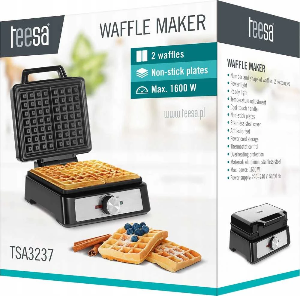Kruger & Matz TEESA vaflinė, 2 vafliai, 1600W, inox, galios reguliavimas