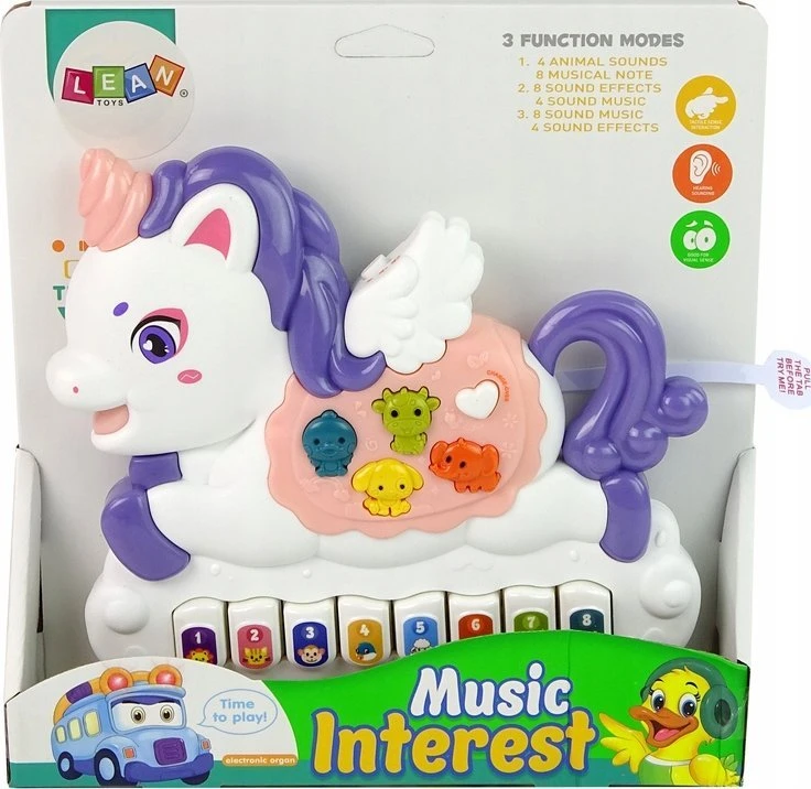 Lean Toys Interaktyvus žaislinis fortepijonas vienaragio tema su šviesos ir garso efektais