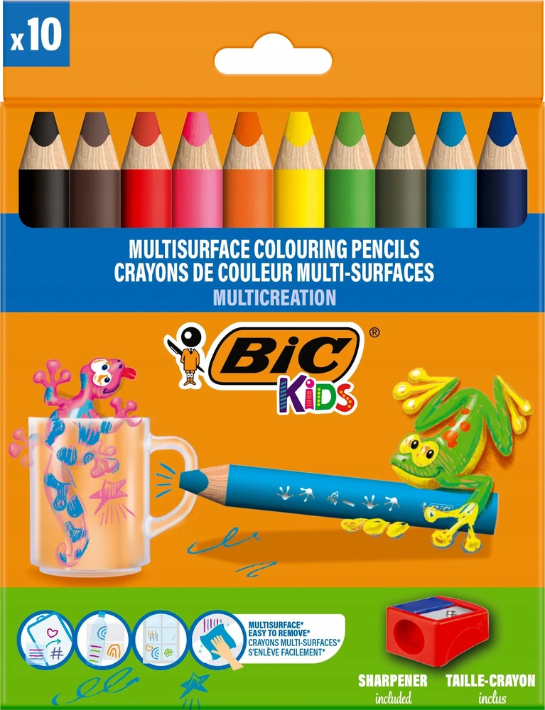 Bic Spalvoti pieštukai Kids Multisurface 10+1 su drožtuku