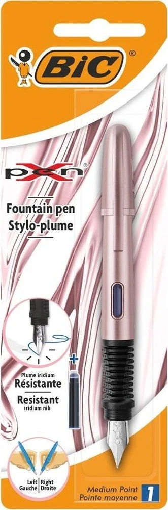 Rožinis BIC X-Pen plunksnakotis pakuotėje