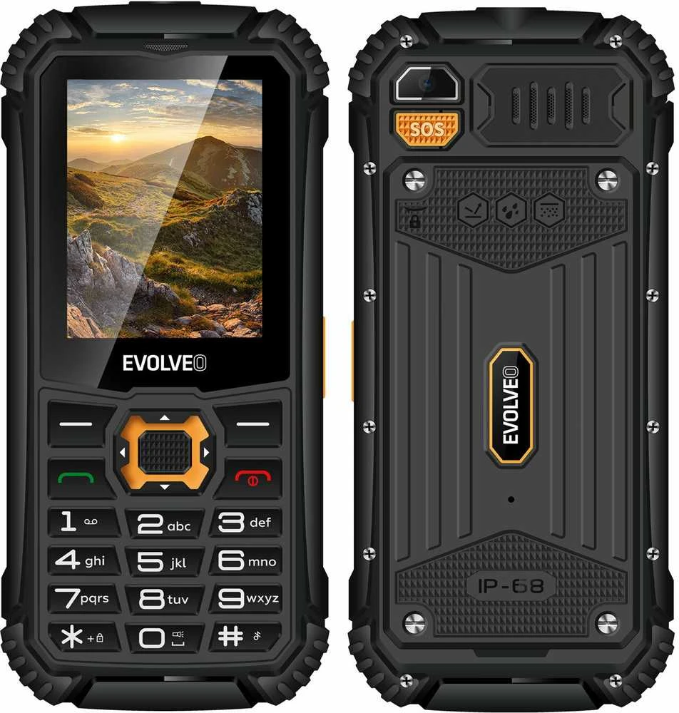 EVOLVEO StrongPhone Q1, vandeniui atsparus, patvarus dviejų SIM kortelių telefonas, juodos ir oranžinės spalvos