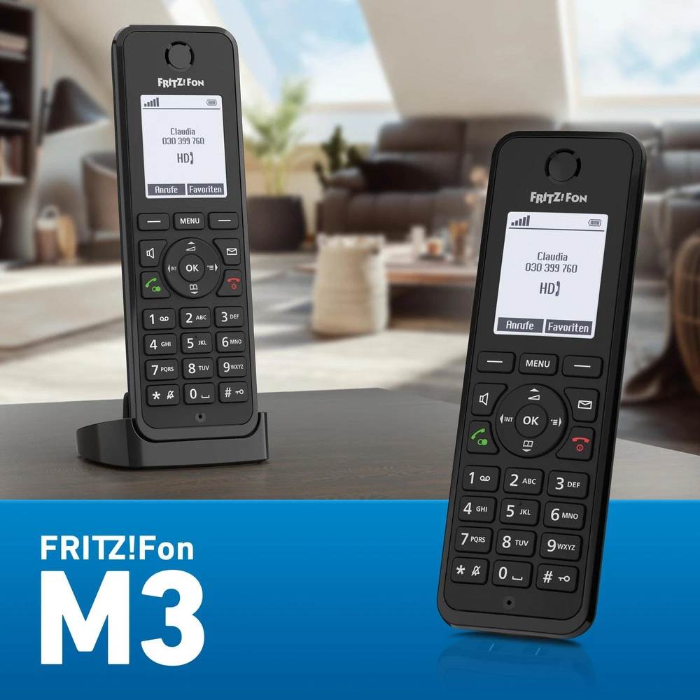 FRITZ! AVM Fon M3, DECT telefonas, belaidis ragelis, garsiakalbis, 300 įrašų, skambinančiojo ID, juodas