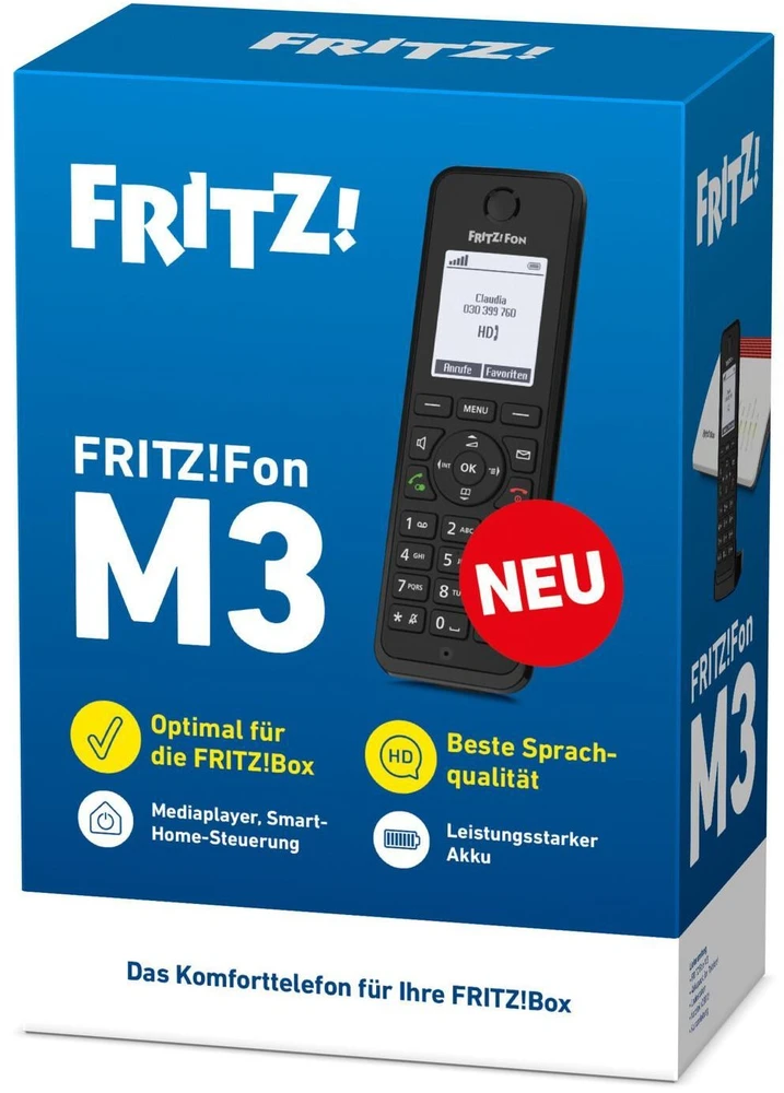 FRITZ! AVM Fon M3, DECT telefonas, belaidis ragelis, garsiakalbis, 300 įrašų, skambinančiojo ID, juodas