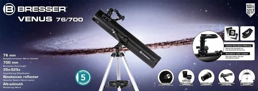 Teleskopas BRESSER Venus 76/700 AZ >152x su išmaniųjų telefonų adapteriu ir saulės filtru