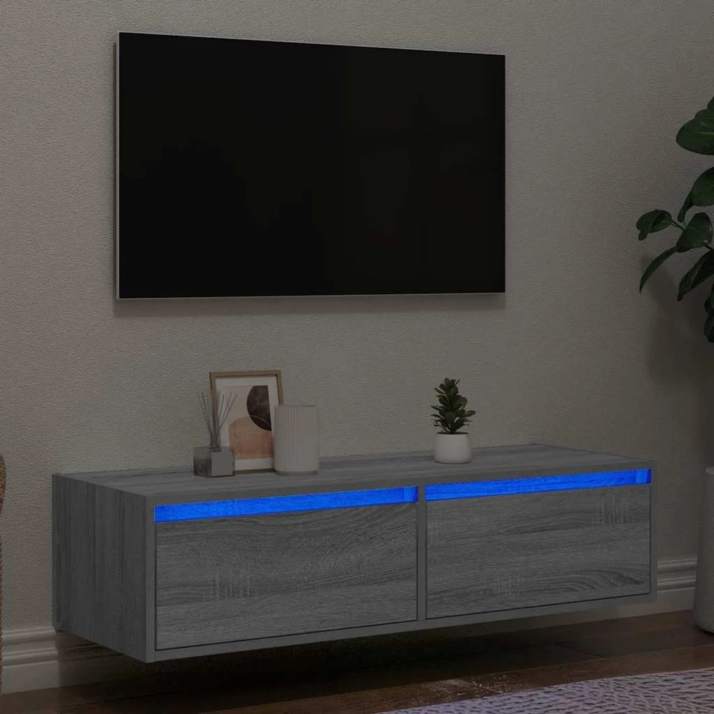 TV staliukas Televizoriaus spintelė su LED, pilka ąžuolo, 100X35,5x25 cm