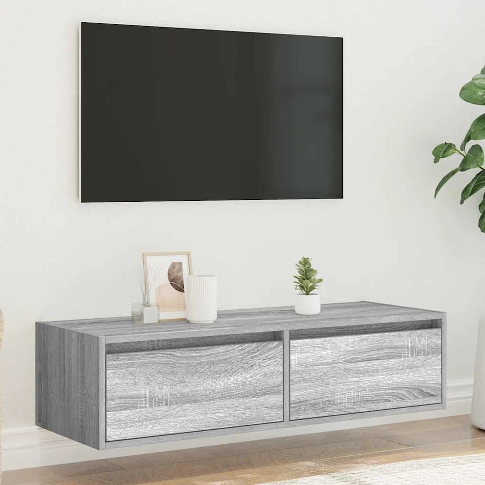 TV staliukas Televizoriaus spintelė su LED, pilka ąžuolo, 100X35,5x25 cm