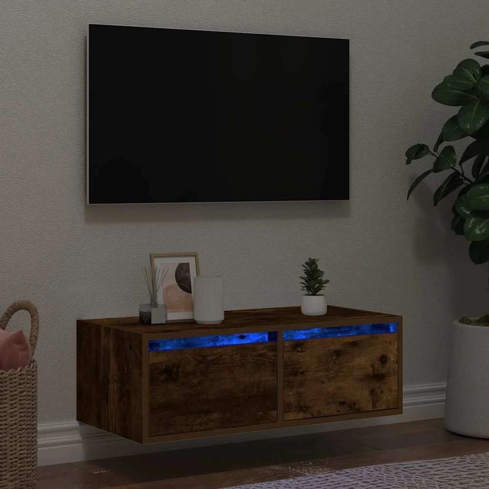 TV staliukas Televizoriaus spintelė su LED, dūminio ąžuolo, 75x35,5x25 cm