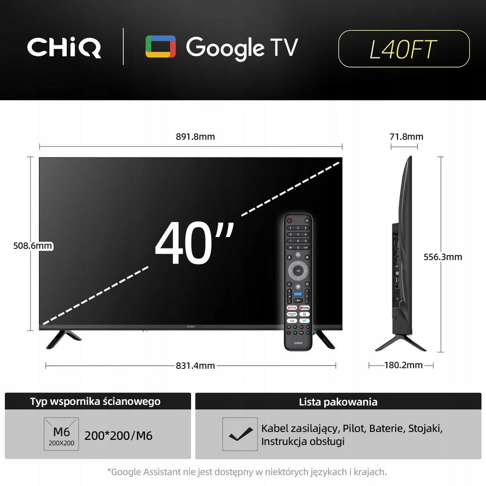 CHiQ L40FT televizorius, 40 colių įstrižainės, FHD, išmanusis, „Google TV“, dbx-TV, „Dolby Audio“, berėmis