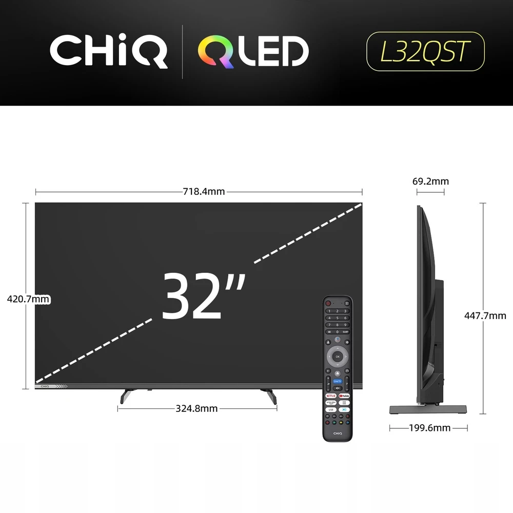 CHiQ L32QST televizorius, 32 colių, QLED, „Full HD“, „Google TV“, berėmis, „Dolby Audio“, „dbx-tv“, HDR 10