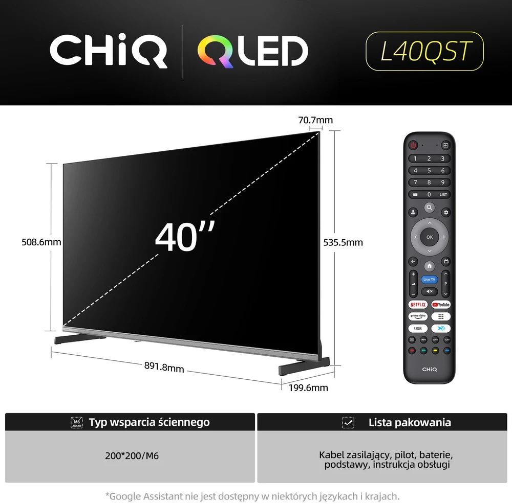CHiQ L40QST televizorius, 40 colių įstrižainės, QLED, „Full HD“, „Google TV“, berėmis, „Dolby Audio“, „dbx-tv“, HDR 10