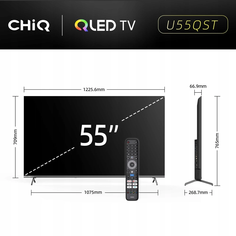Televizorius CHiQ U55QST TV 55, UHD, QLED, Google TV, DLG 120 Hz, Dolby Audio, Frameless, metaliczna