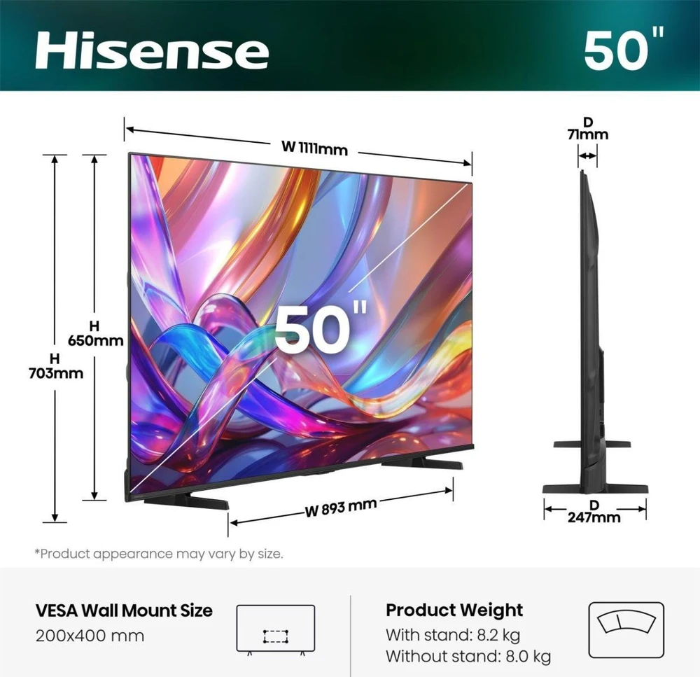 Televizorius Hisense 50E7S 50" QLED 4K VidaaOS 60Hz Dolby Atmos 2026