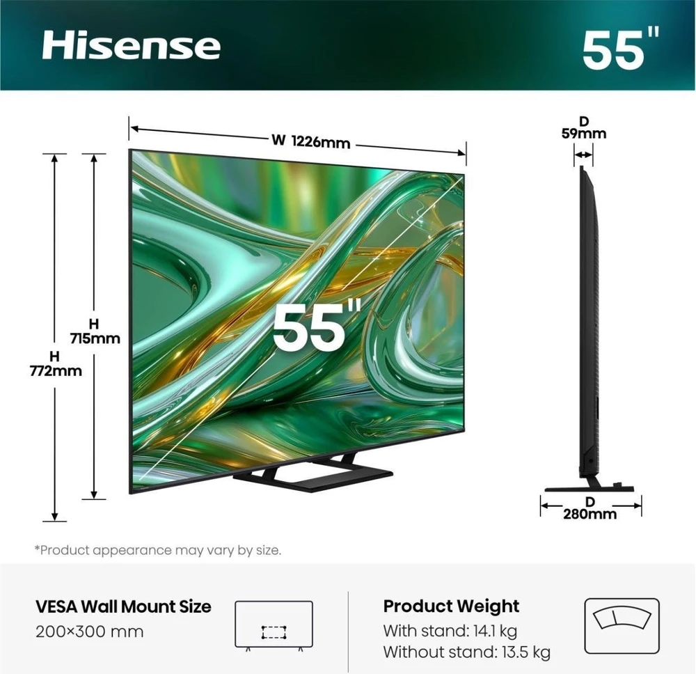 Televizorius Hisense ULED 55E8S MiniLED QLED-TV - 139 cm (55 colių) UltraHD/4K Trigubas Imtuvas 144Hz Juodas/tamsiai pilkas
