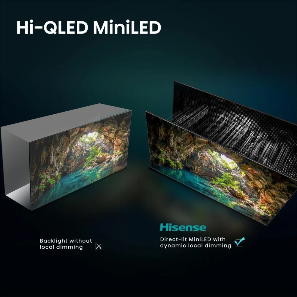 Televizorius Hisense ULED 65E8S MiniLED, QLED televizorius - 164 cm (65 colių), UltraHD/4K, trigubas signalas, žemųjų dažnių garsiakalbis, 144 Hz ekranas