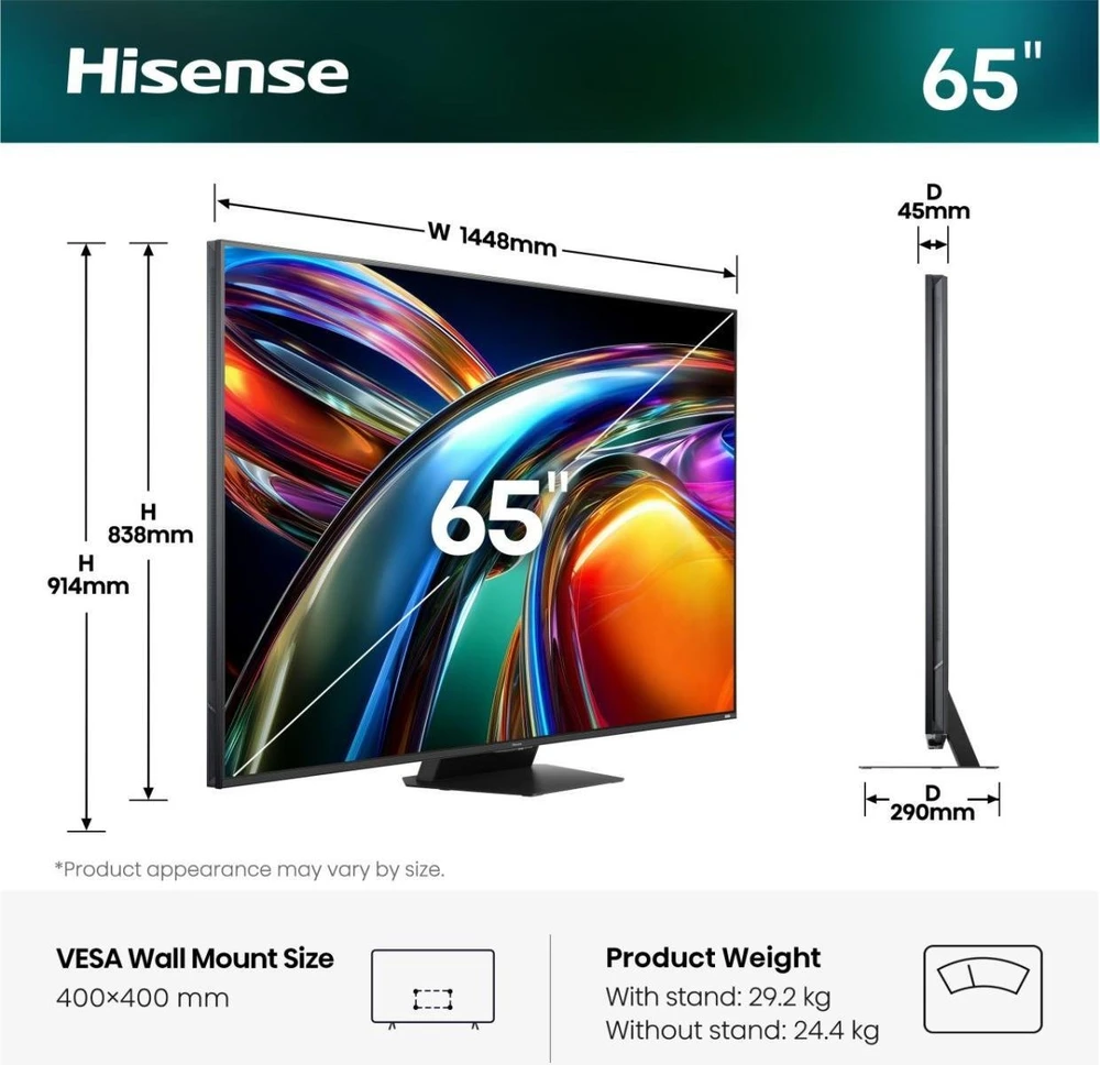 Televizorius Hisense 65UR9S 165,1 cm (65 col.) 4K Ultra HD išmanusis televizorius Wi-Fi pilkas 3500 cd/m (20019162)