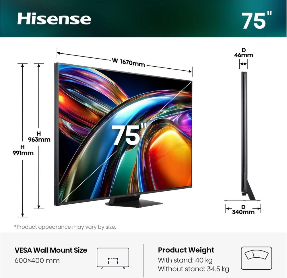 Televizorius Hisense 75UR9S 190,5 cm (75'') 4K Ultra HD išmanusis televizorius Wi-Fi pilkas 4000 cd/m (20019163)